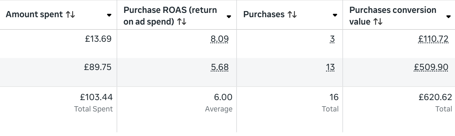 Meta Ads Manager showing 6x return on ad spend, £103 spent, £620 returned